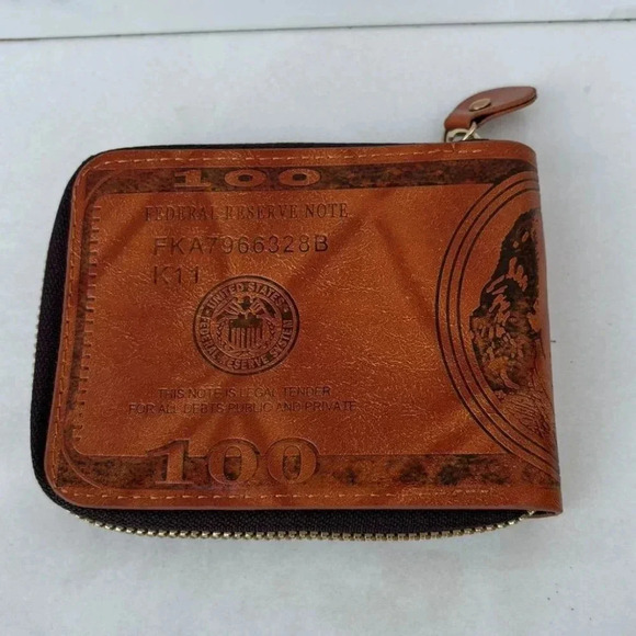 Vintage Mens 100 Dollar Bill Leather Bifold Wallet Brown Size 5"x3.5" - Picture 10 of 10